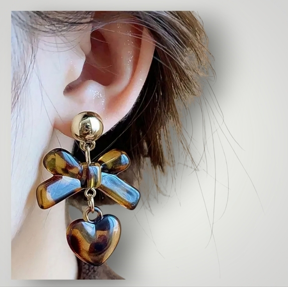 Leopard Cheetah Animal Print Bow Dangle Gold Bead Earrings - Picture 1 of 2